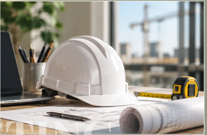 Construction hard hat, plans and measuring tools